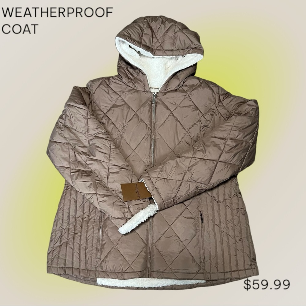 NWT WEATHERPROOF BROWN SHERPA LINING COAT 2X Plus Size Quilted Puffer Taupe